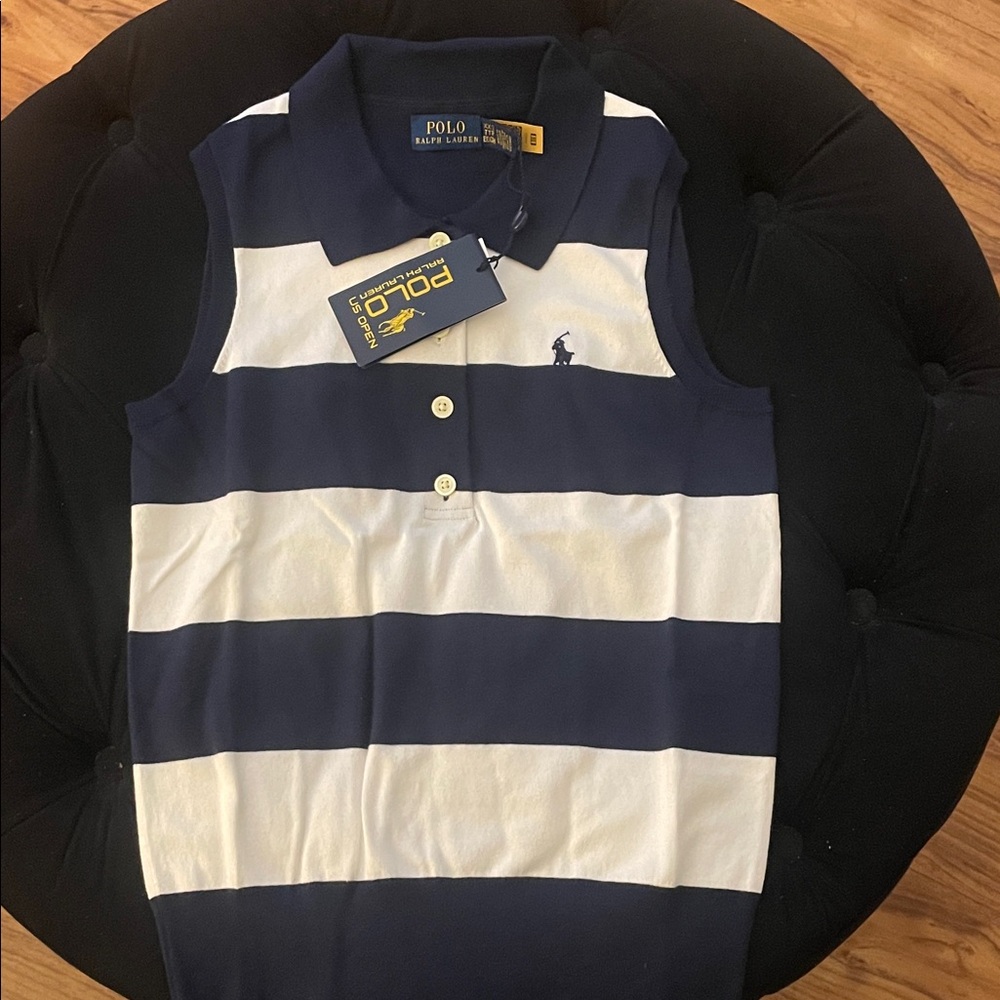 Polo by Ralph Lauren Navy & White Striped Sleeveless Polo Top - Picture 3 of 5